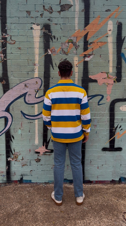 Heritage Gold Stripe cotton supporter jersey worn outdoors